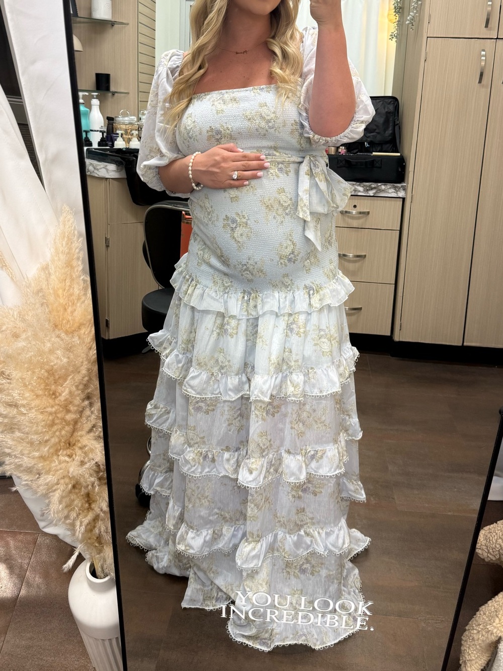 V. Chapman White and Gold Floral Tiered Maxi Dress